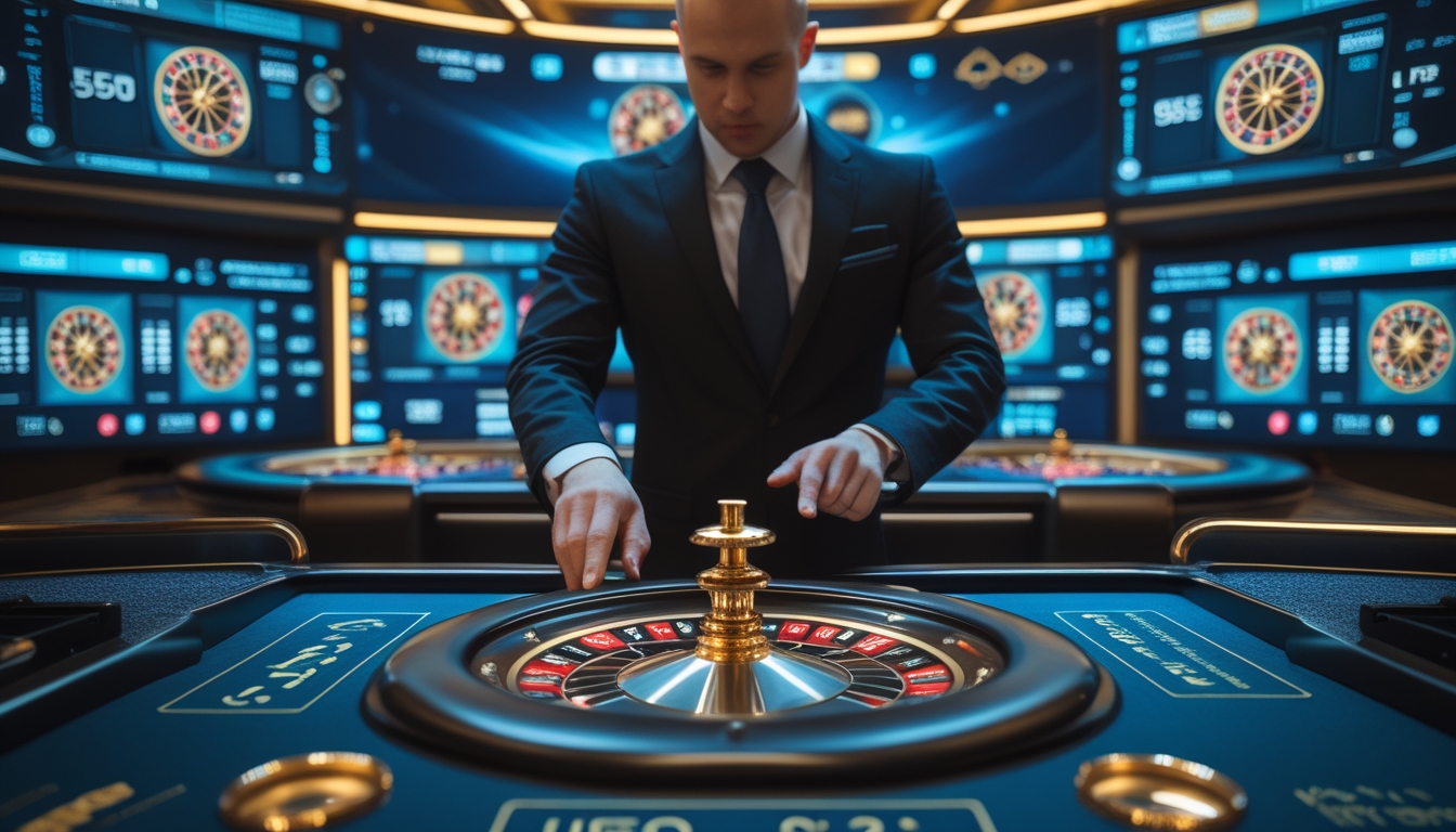 Seorang dealer live roulette di studio kasino modern yang sedang berinteraksi dengan perangkat digital, dengan beberapa layar menampilkan roda roulette dan opsi taruhan.