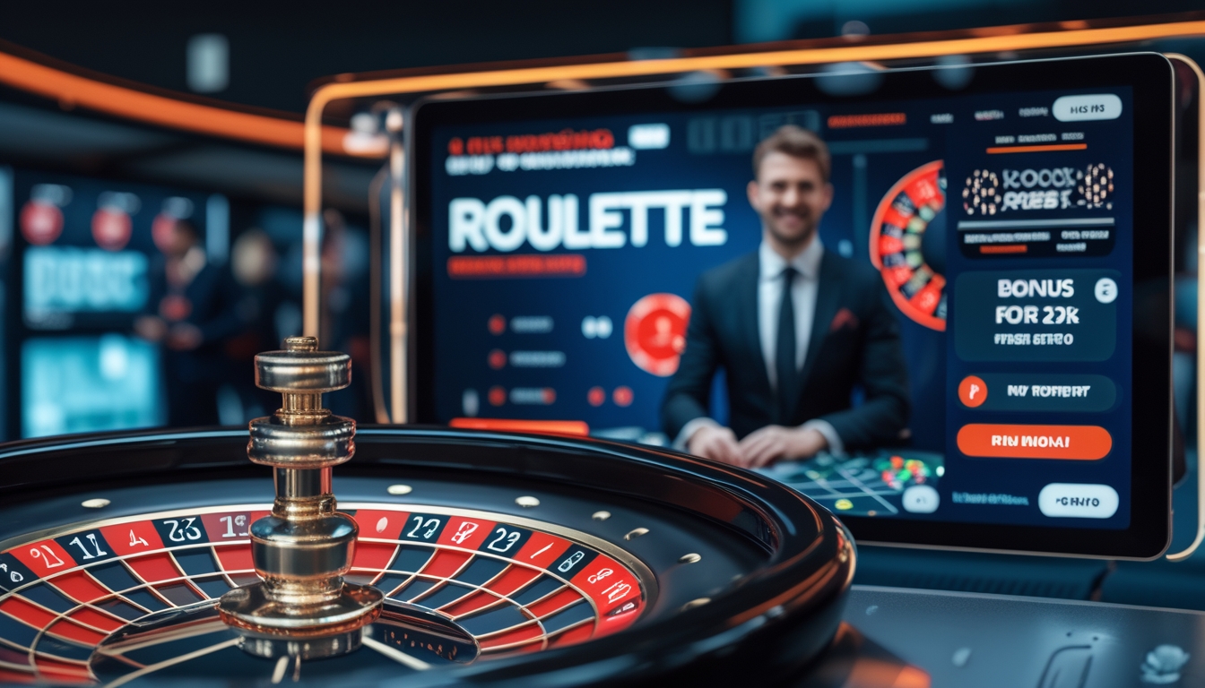 Sebuah meja roulette online dengan dealer langsung yang ramah dan layar digital menampilkan roda roulette berwarna merah dan hitam yang berputar.