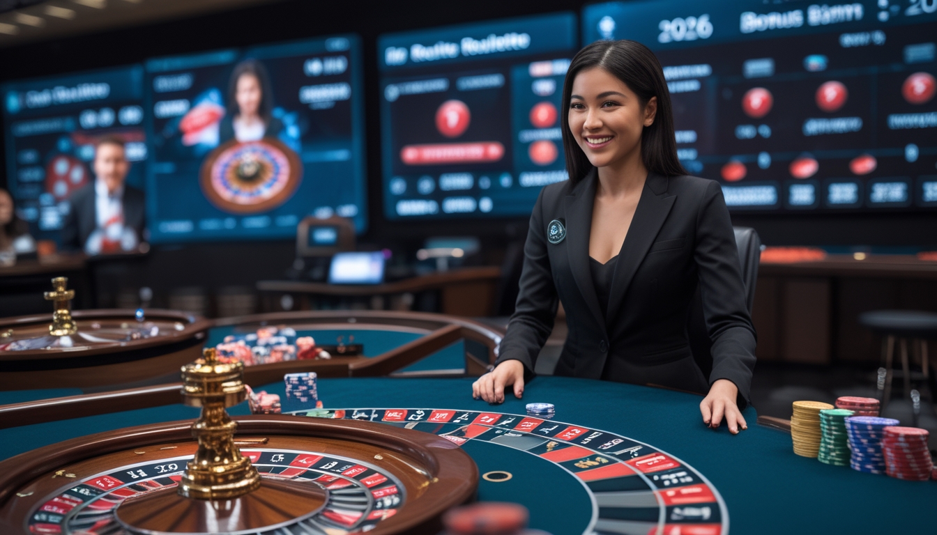 Seorang dealer wanita profesional di meja roulette dengan roda roulette berputar dan tumpukan chip, dikelilingi layar yang menampilkan permainan roulette langsung.