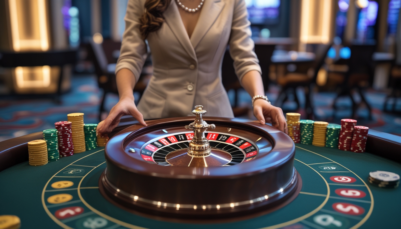 Seorang dealer wanita sedang memutar roda roulette di meja taruhan dalam suasana kasino yang elegan.