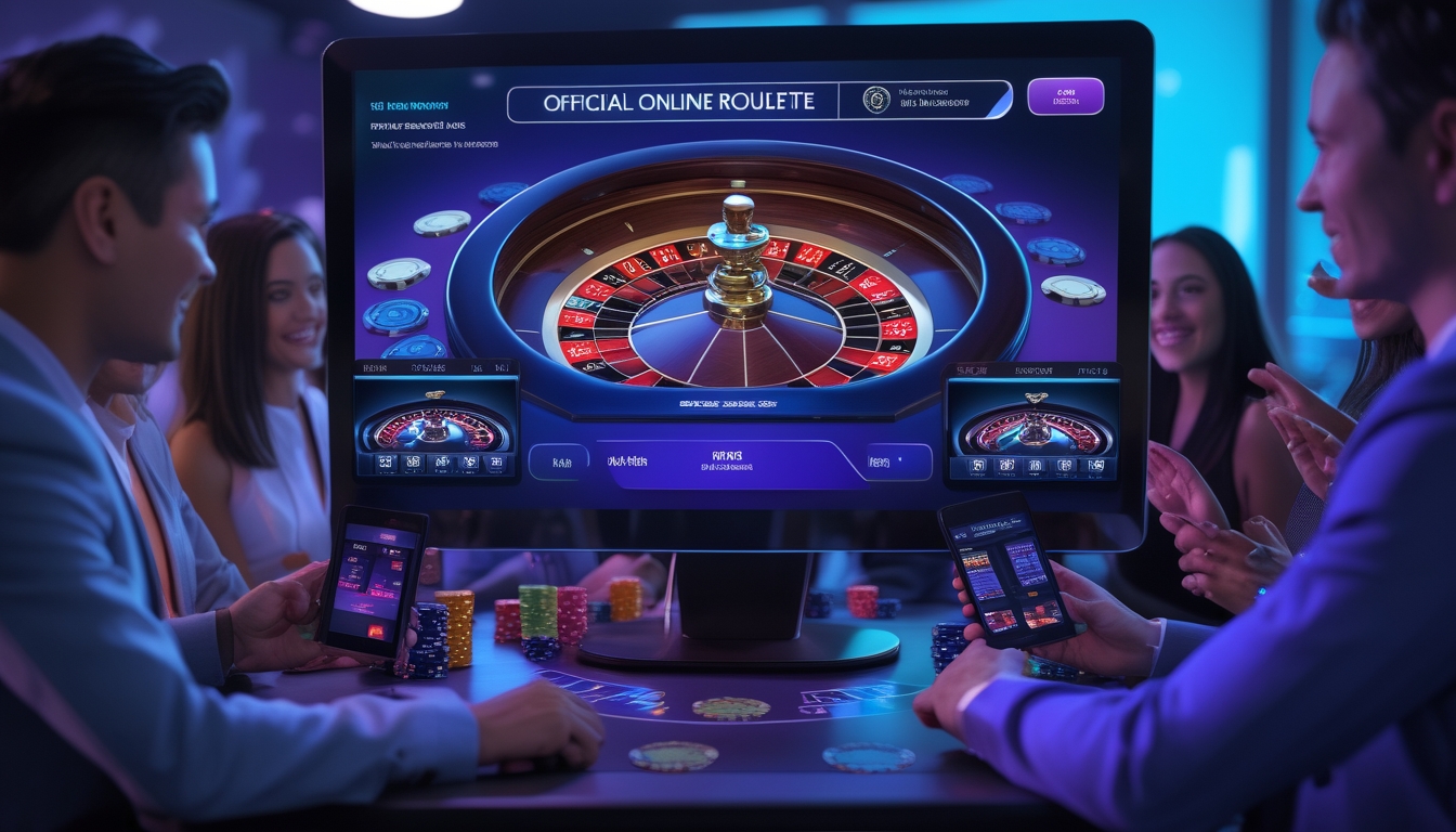 Suasana permainan roulette online dengan dealer wanita langsung di layar, beberapa orang menggunakan perangkat digital untuk bertaruh, di ruangan modern dengan pencahayaan lembut.