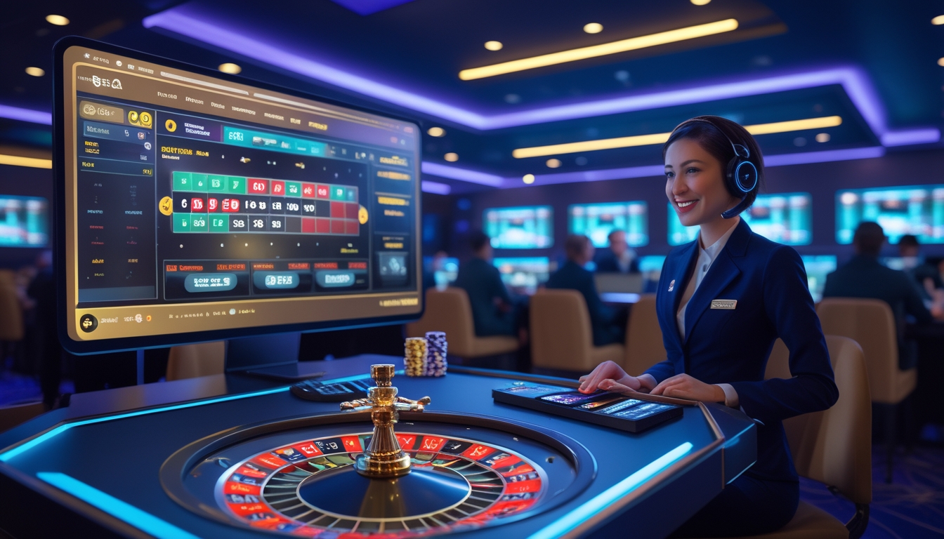 Sebuah meja roulette online modern dengan dealer wanita yang sedang melayani secara langsung, dikelilingi oleh pemain yang menggunakan laptop dan ponsel di ruangan dengan pencahayaan biru dan ungu.