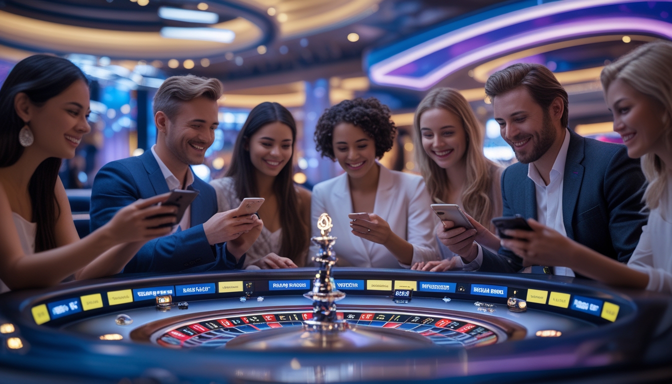Suasana kasino langsung dengan meja roulette modern dan pemain menggunakan ponsel serta tablet.