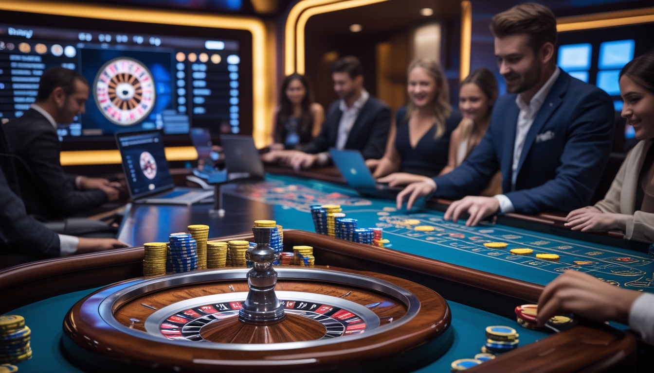 Suasana kasino langsung dengan meja roulette, pemain menggunakan laptop dan ponsel, menampilkan kemudahan akses dan pendaftaran cepat.