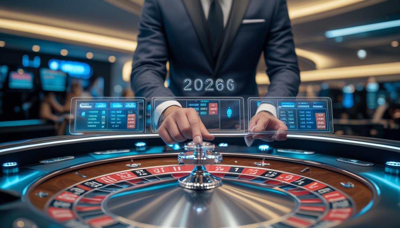 Seorang dealer roulette profesional sedang menggunakan antarmuka layar sentuh di meja roulette modern dengan latar belakang kasino berteknologi tinggi.