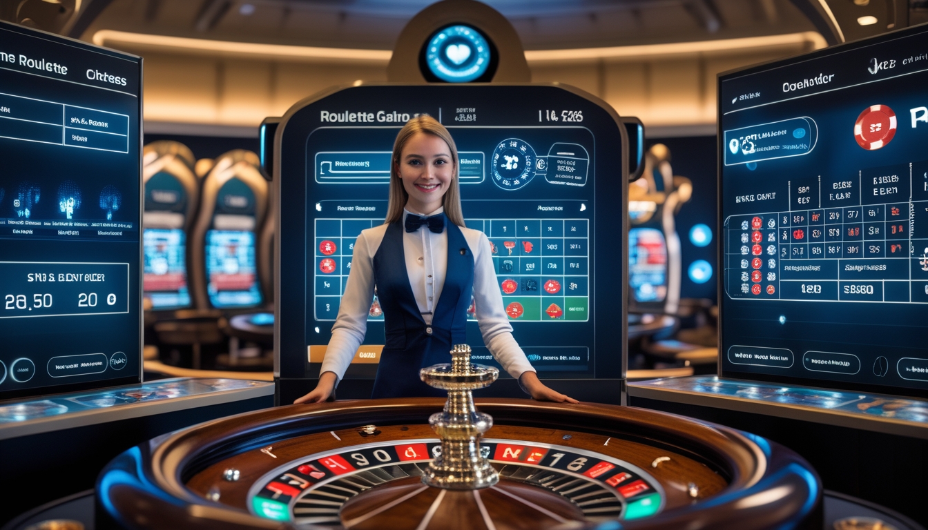 Seorang dealer roulette wanita profesional di meja roulette dengan layar digital menampilkan opsi taruhan dan metode deposit online.