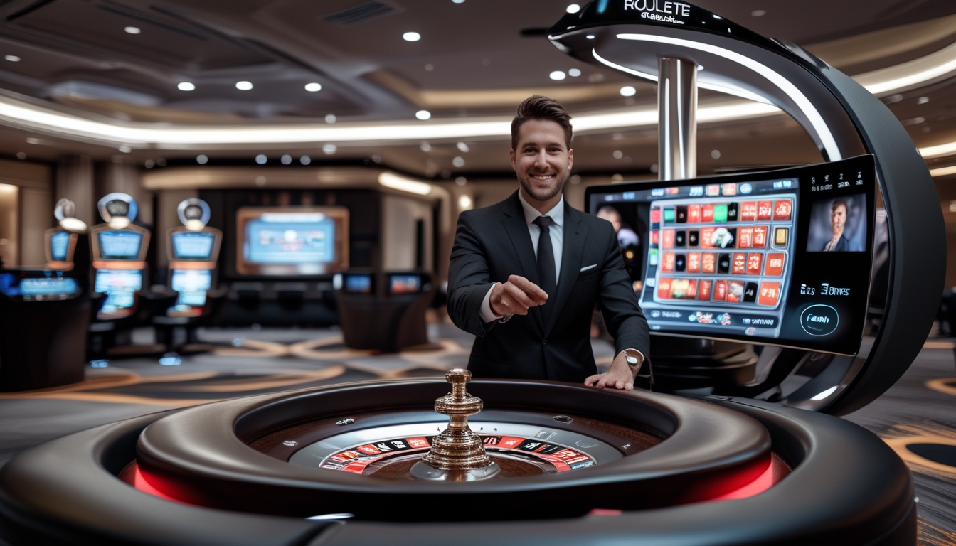 Seorang dealer live yang ramah sedang mengoperasikan meja roulette modern dengan layar besar di latar belakang suasana kasino yang elegan.