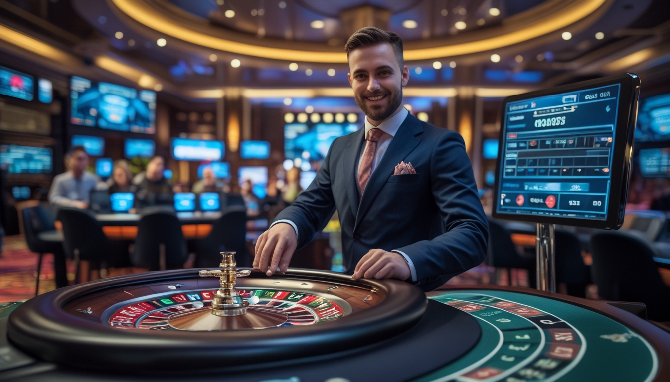 Seorang dealer roulette langsung sedang memutar roda roulette di meja kasino modern dengan layar digital dan pemain yang berinteraksi melalui perangkat mereka.