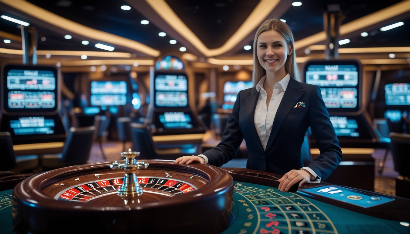 Seorang dealer live di meja roulette dengan layar digital di latar belakang, menunjukkan pengalaman kasino real-time.
