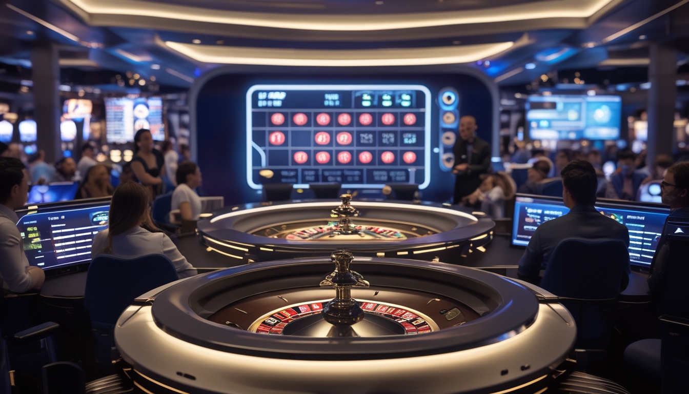 Seorang dealer live roulette sedang bermain di kasino online dengan pemain yang berinteraksi melalui layar digital.