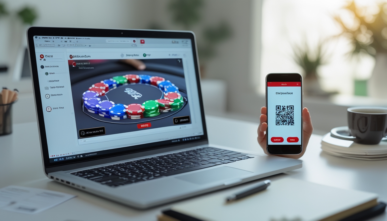 Meja kerja modern dengan laptop menampilkan permainan poker online, kartu dan chip poker, serta ponsel yang menampilkan aplikasi pemindaian kode QR.