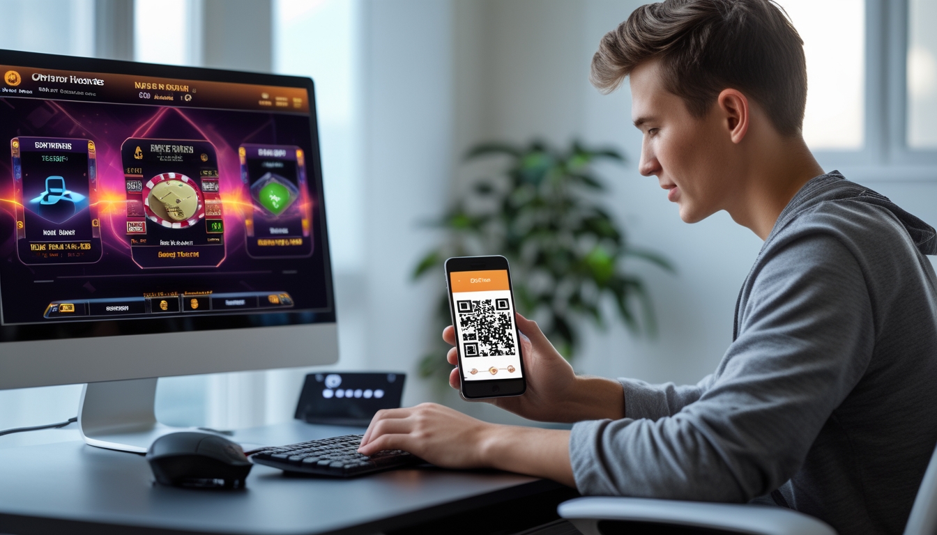 Seorang pemuda sedang duduk di meja kerja dengan komputer dan ponsel, fokus bermain poker online dan menggunakan aplikasi pemindaian QR untuk deposit.