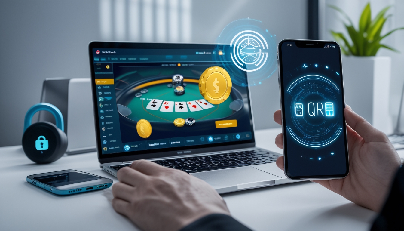 Seorang pemain poker online menggunakan laptop dan ponsel dengan kode QR untuk melakukan deposit cepat.