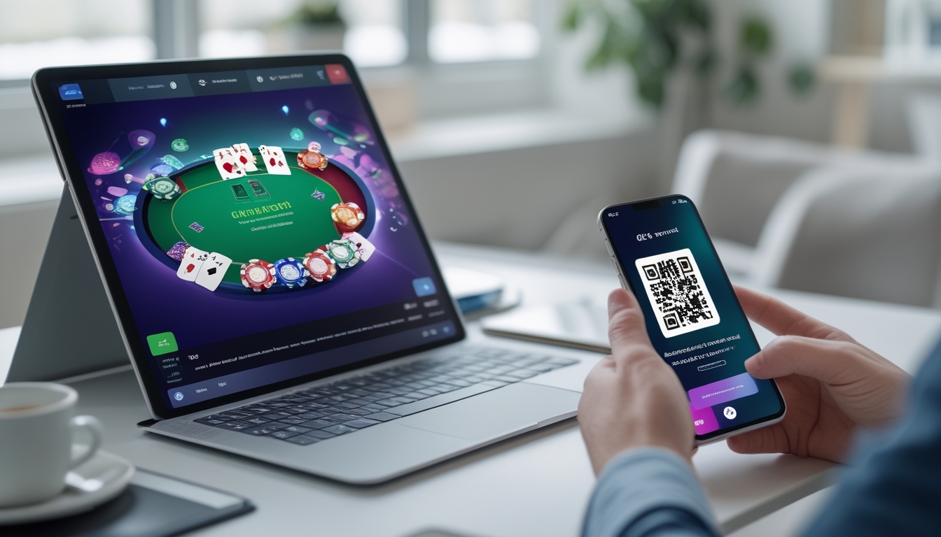 Seseorang menggunakan laptop dan ponsel untuk bermain poker online dan melakukan pembayaran QRIS di meja kerja yang rapi.