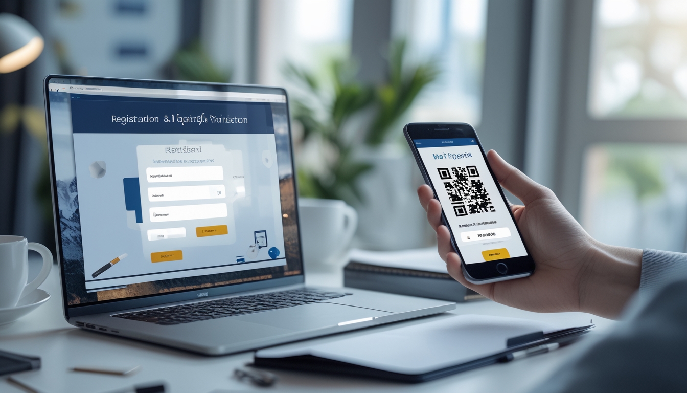 Meja kerja dengan laptop, ponsel menampilkan kode QR, dan tangan yang siap melakukan pembayaran digital.