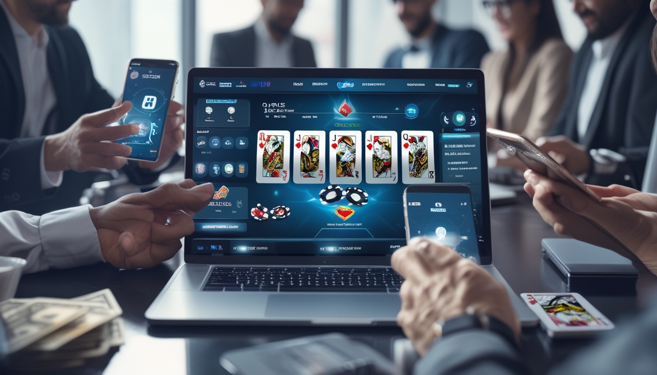 Orang-orang menggunakan perangkat digital untuk bermain poker online dengan suasana modern dan aman.
