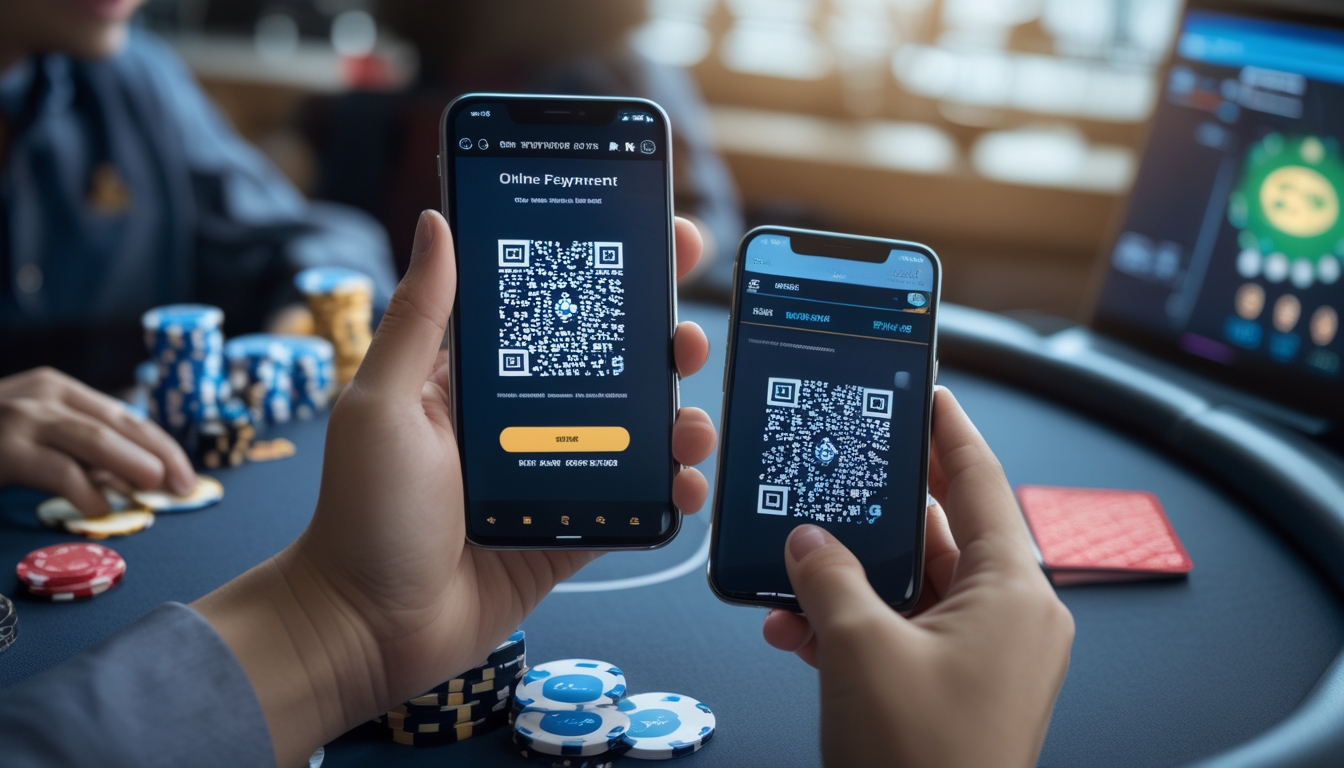 Tangan memegang ponsel dengan kode QR di depan meja poker dengan chip dan kartu bermain.
