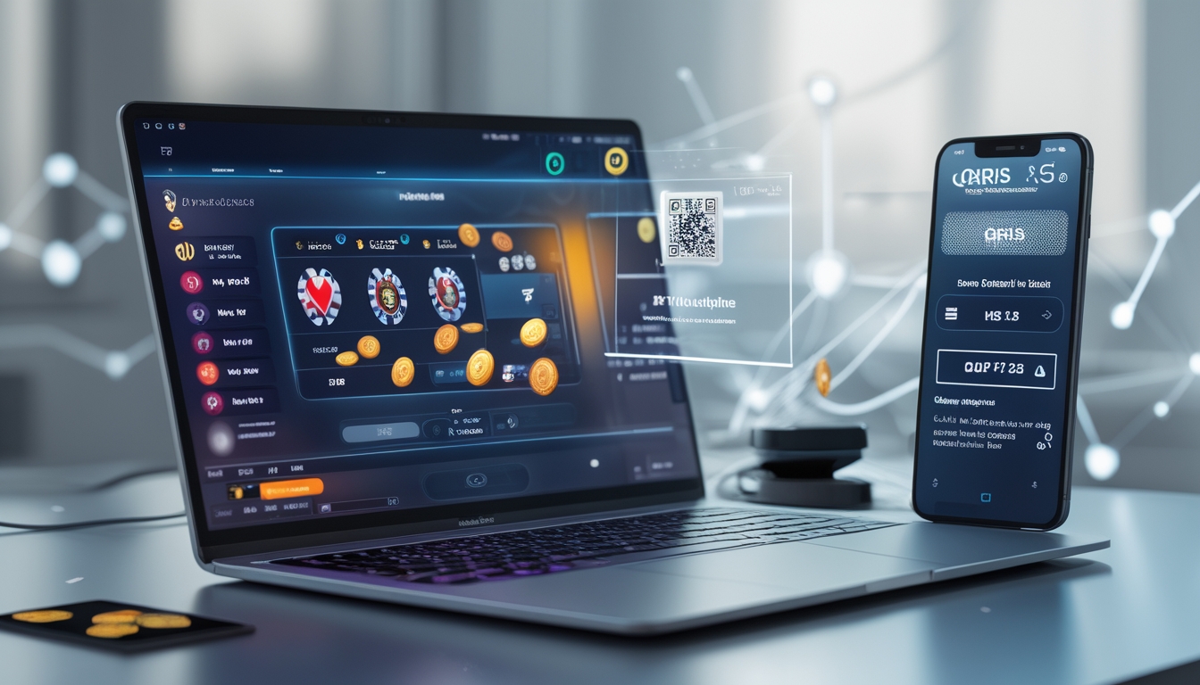 Seorang pemain poker online menggunakan komputer dan ponsel untuk melakukan deposit dengan metode QRIS.