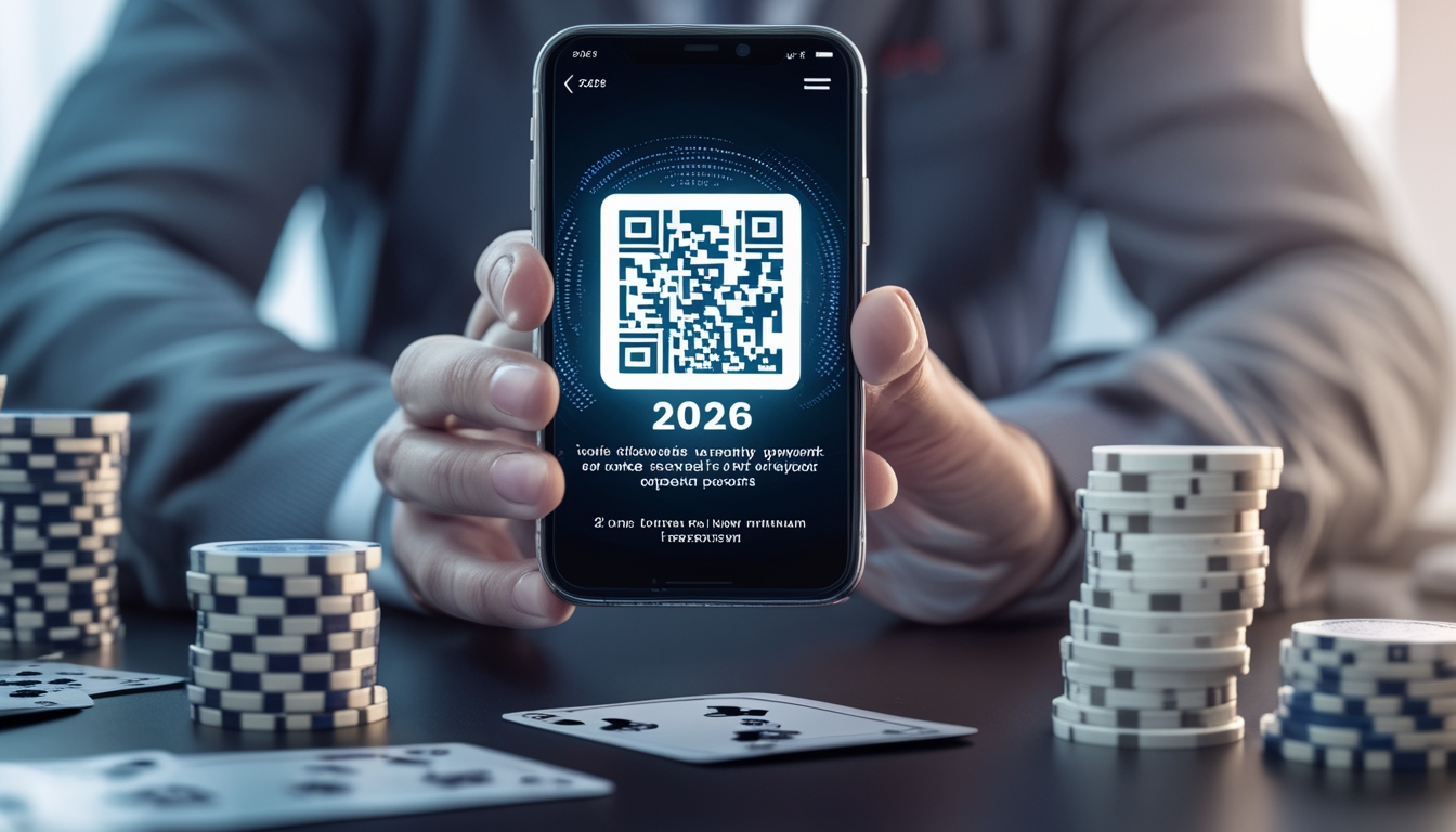Seseorang memegang ponsel dengan kode QR di layar, dikelilingi oleh chip poker dan kartu bermain.