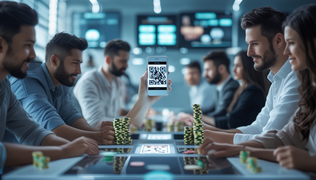Orang-orang bermain poker online dengan layar dan ponsel yang menampilkan kartu dan chip poker, serta ponsel dengan kode QR.