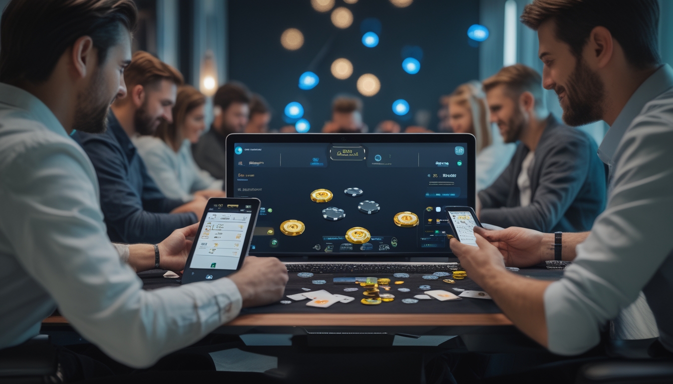 Beberapa orang sedang bermain poker online menggunakan laptop dan ponsel di ruangan yang terang dan modern.