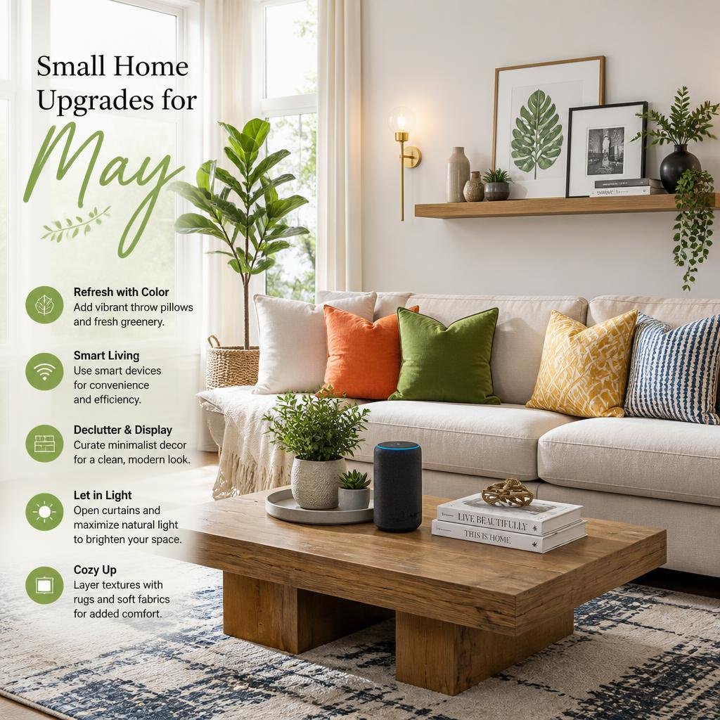A bright living room with fresh pillows, plants, and modern decor showcasing small home upgrades.