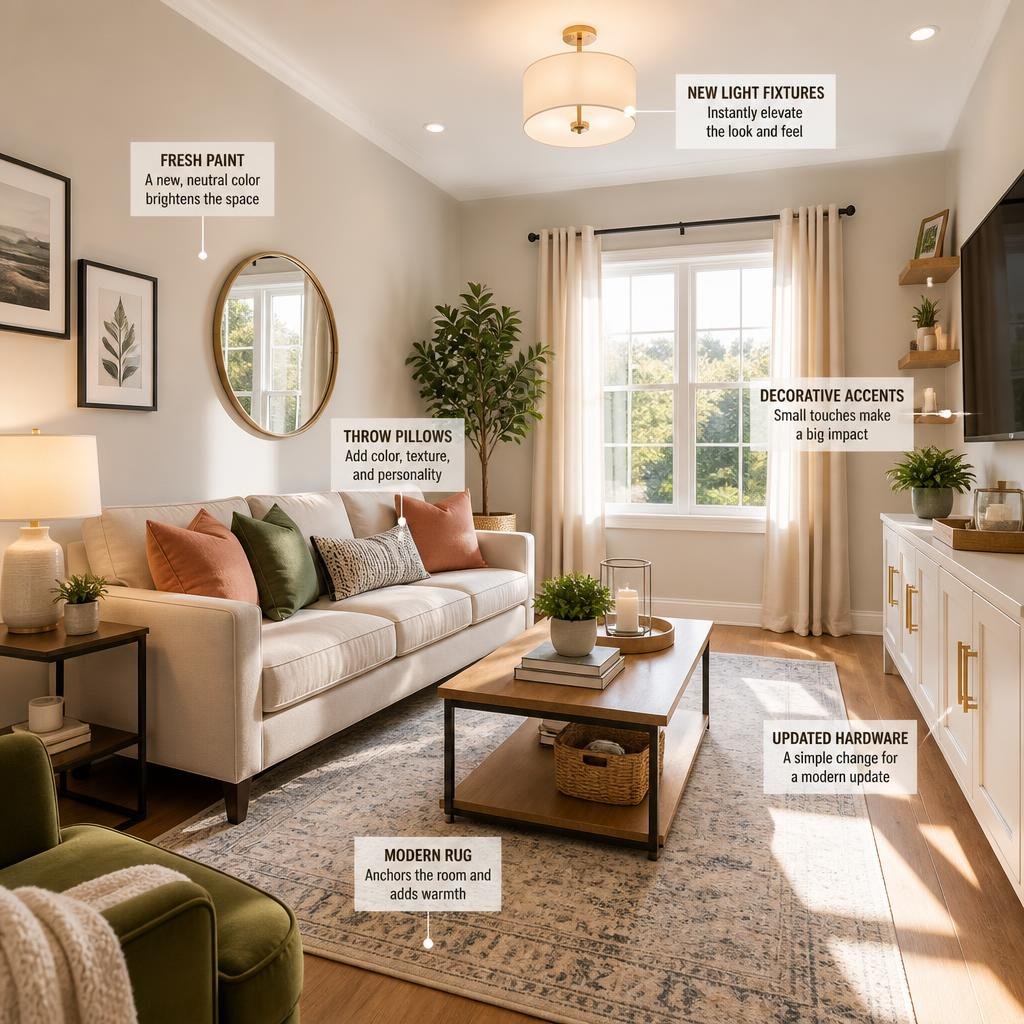 A bright living room with a sofa, coffee table, plants, and sunlight coming through large windows.