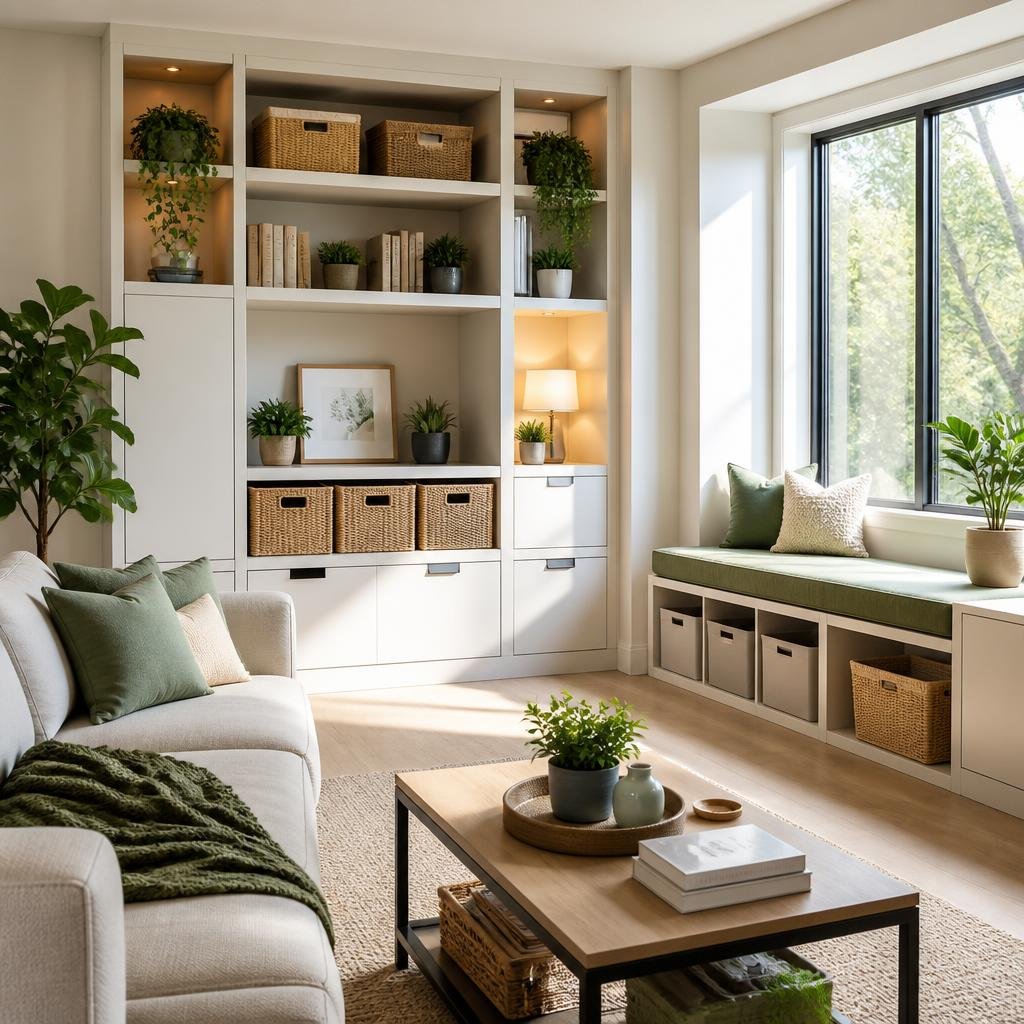 A tidy living room with built-in shelves, storage cabinets, and a compact storage bench near a window with sunlight and indoor plants.