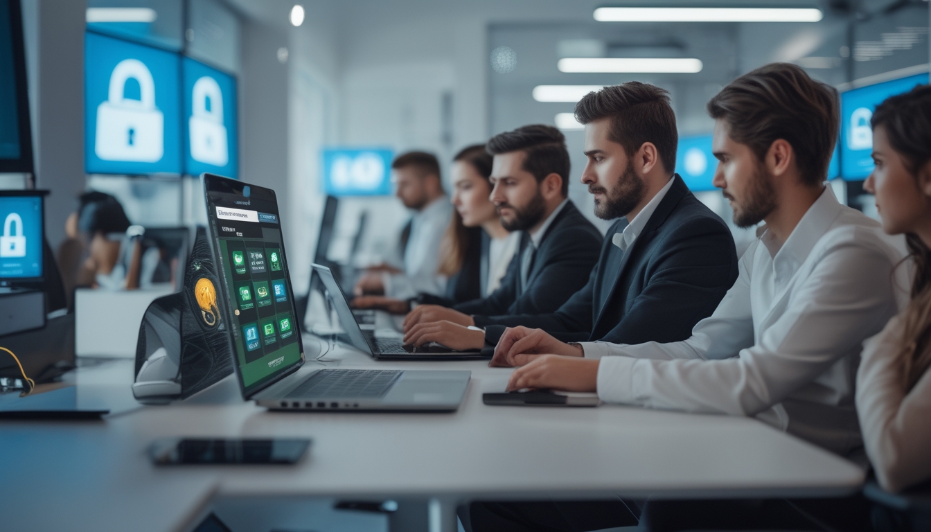 Orang-orang bermain poker online menggunakan laptop dan ponsel dengan kode QR untuk pembayaran di ruang kantor modern.