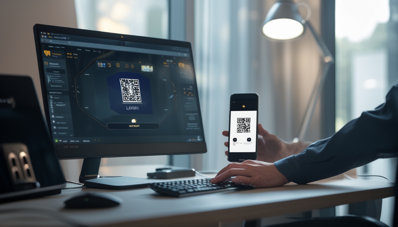Seseorang bermain poker online di komputer dengan ponsel yang menampilkan aplikasi pemindai kode QR di meja kerja yang rapi.