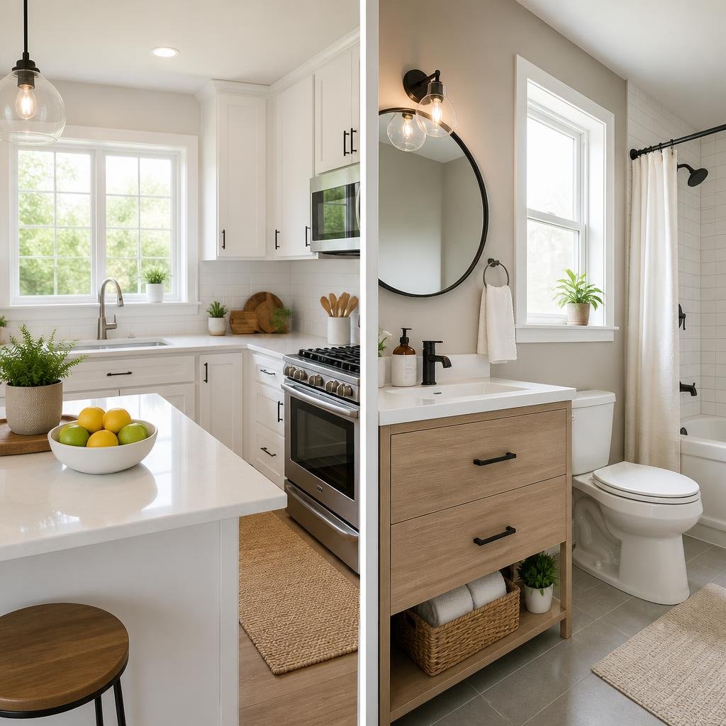 A bright kitchen and bathroom with modern fixtures and simple decorative touches, showing small home upgrades.
