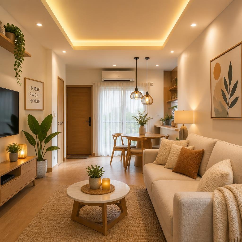 A modern living room with warm lighting, comfortable furniture, indoor plants, and natural light coming through sheer curtains.