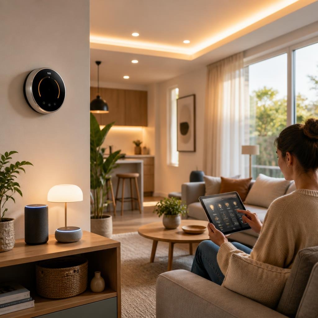 A person using a tablet to control smart home devices in a modern living room with smart thermostat, speakers, and adjustable lighting.