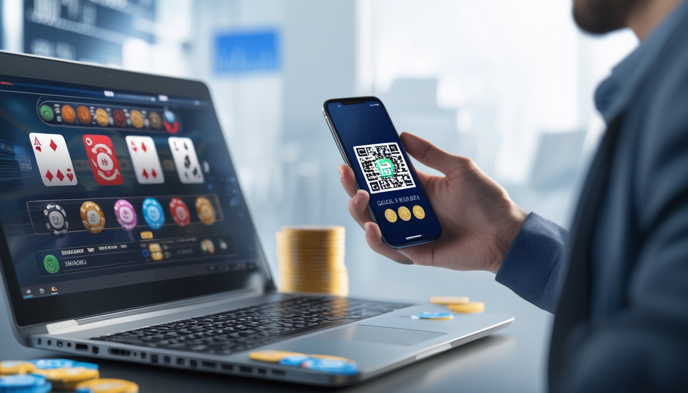 Seorang pengguna sedang melakukan deposit poker online menggunakan ponsel untuk memasukkan kode QR di samping laptop yang menampilkan permainan poker.