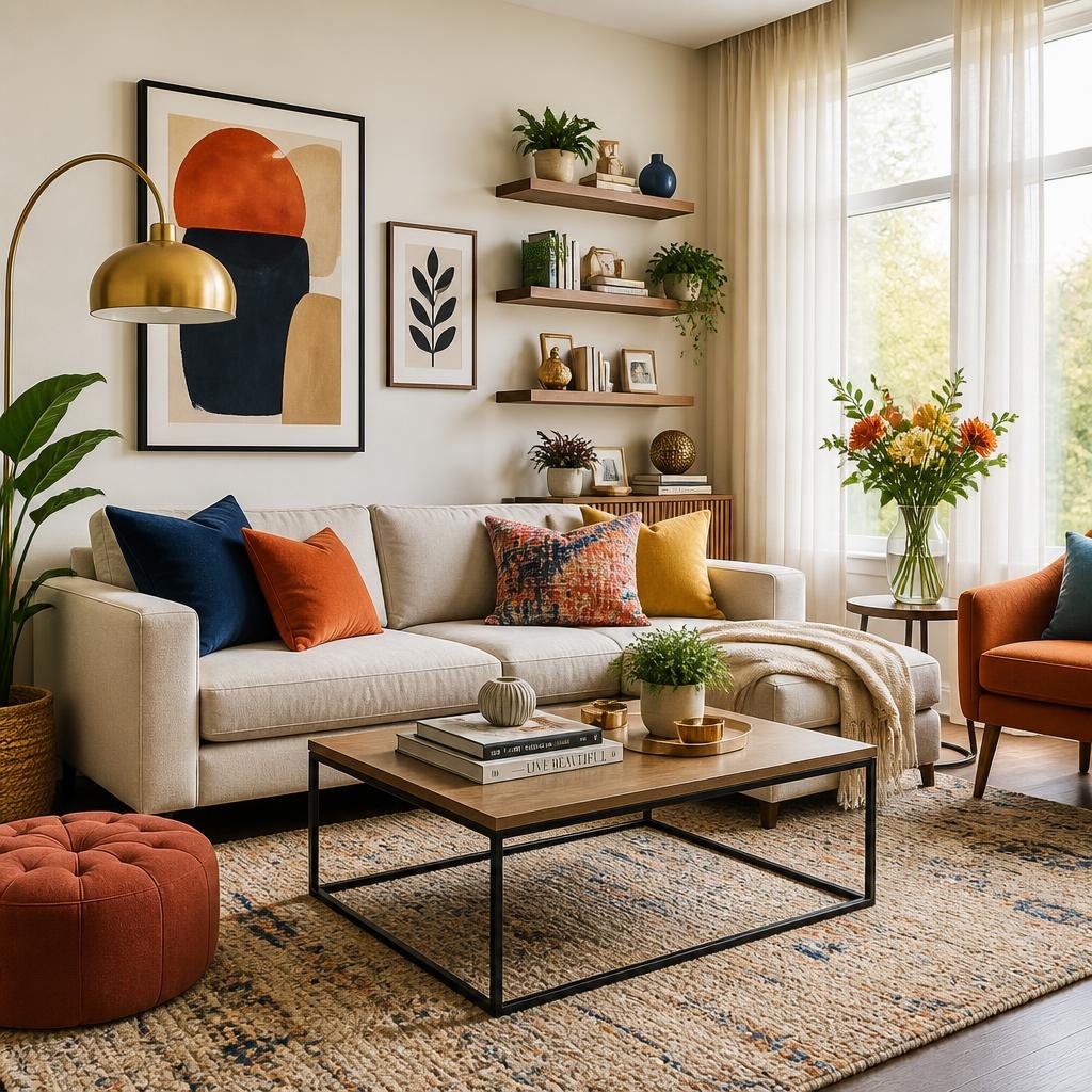 A modern living room with a sofa, coffee table, decorative shelves, plants, and artwork, filled with natural light.