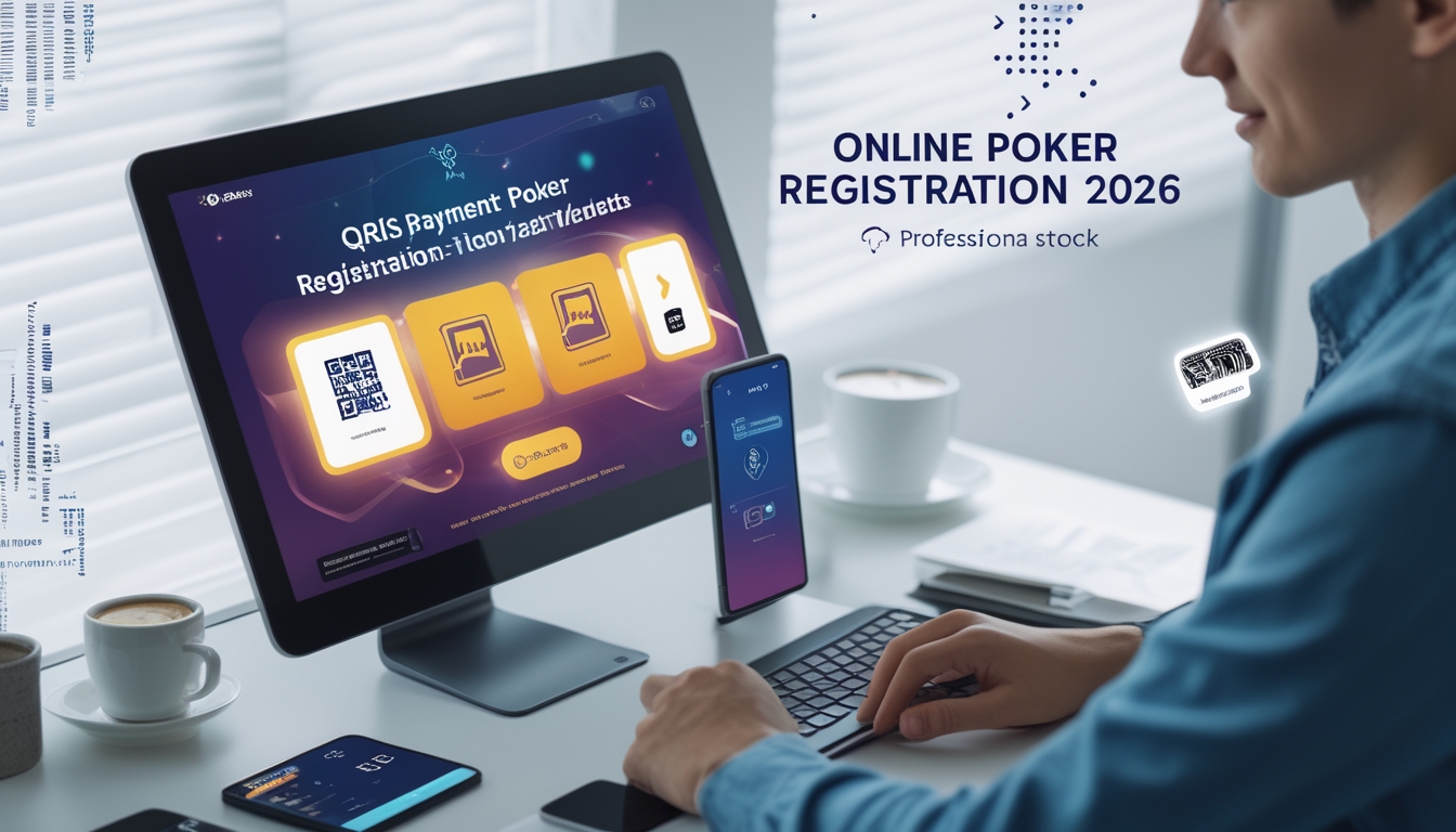 Seorang dewasa muda sedang menggunakan komputer untuk mendaftar akun poker online dengan suasana ruang kerja yang rapi dan modern.