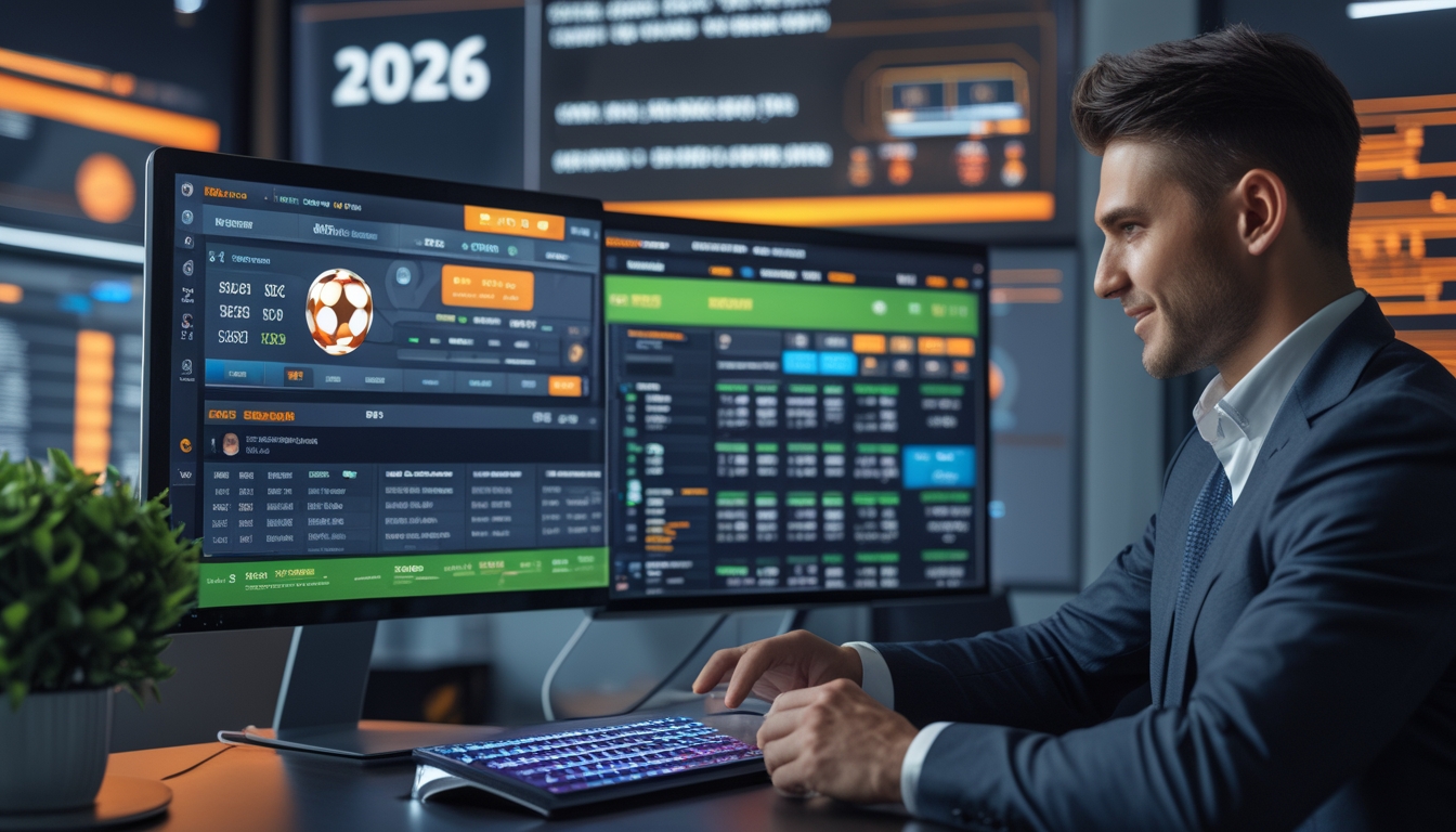 Seorang pria menggunakan perangkat touchscreen di meja dengan beberapa monitor yang menampilkan statistik pertandingan sepak bola dan peluang taruhan secara langsung.