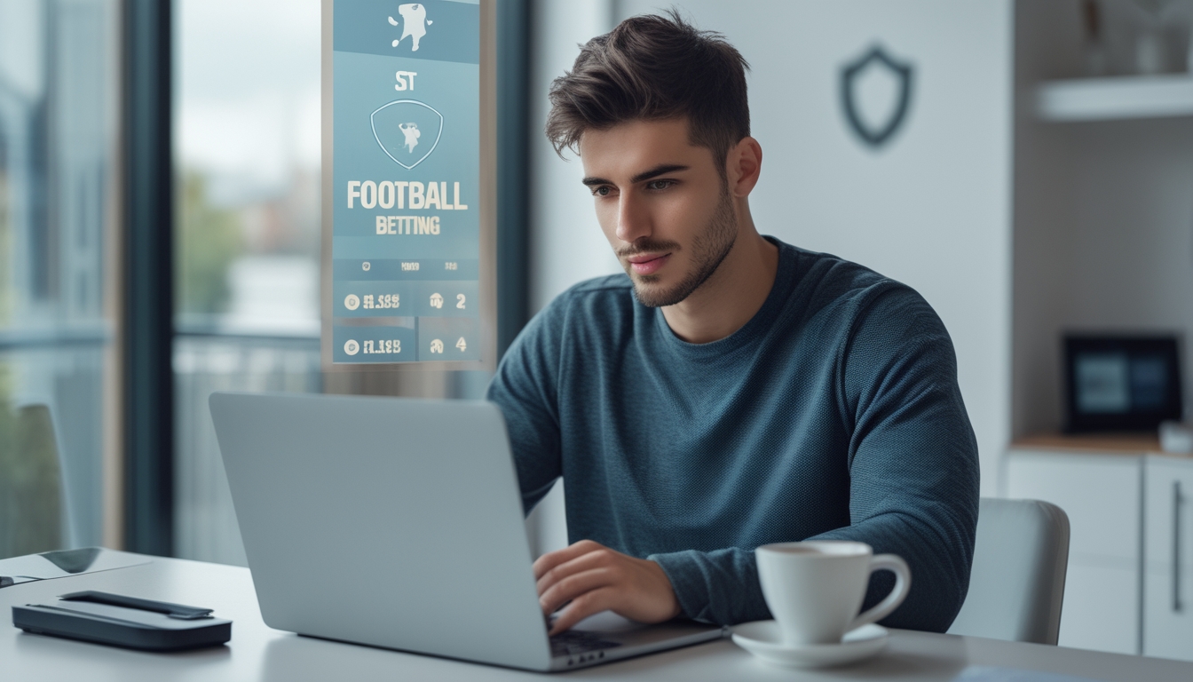 Seorang pria muda sedang menggunakan laptop di ruang kerja modern dengan tampilan platform taruhan bola online yang aman di layar.