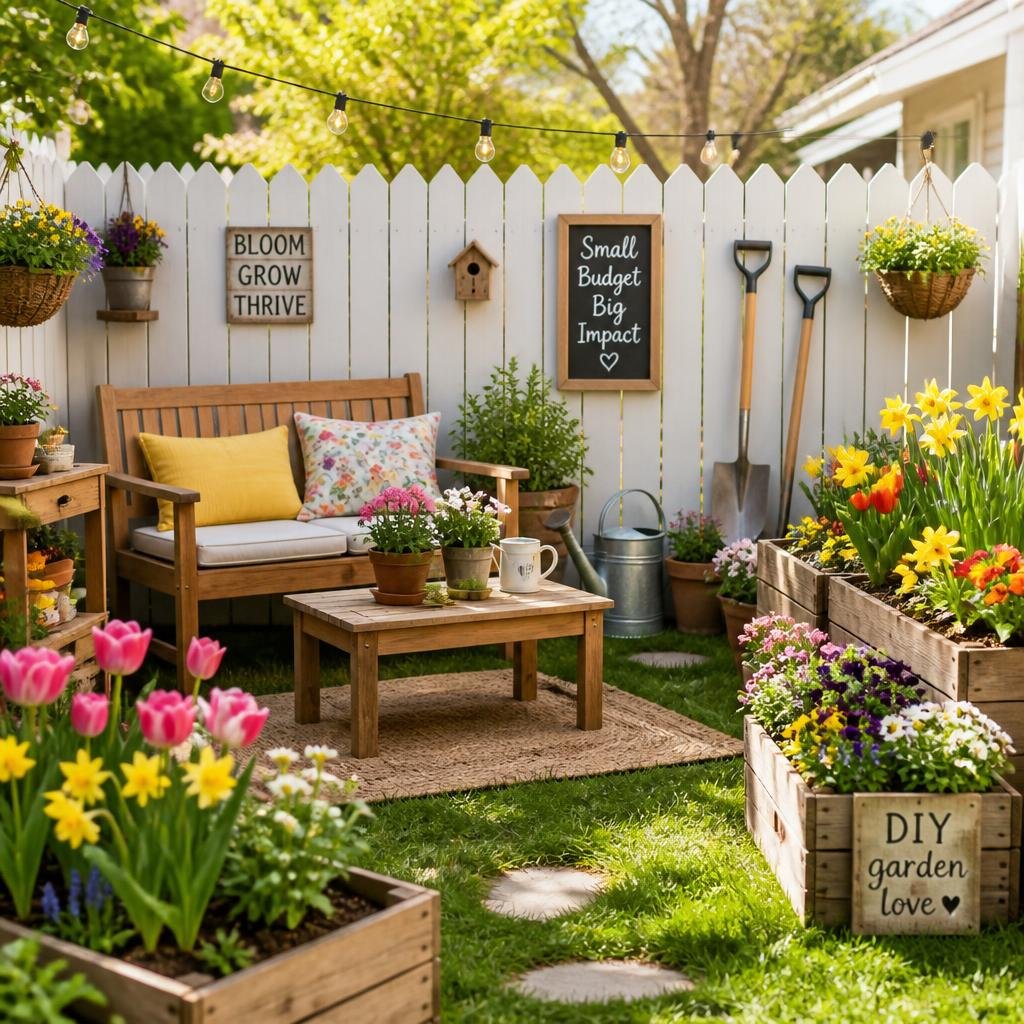 A small backyard garden with green grass, colorful flowers, wooden planters, a bench, a table with potted plants, and a white picket fence with string lights.