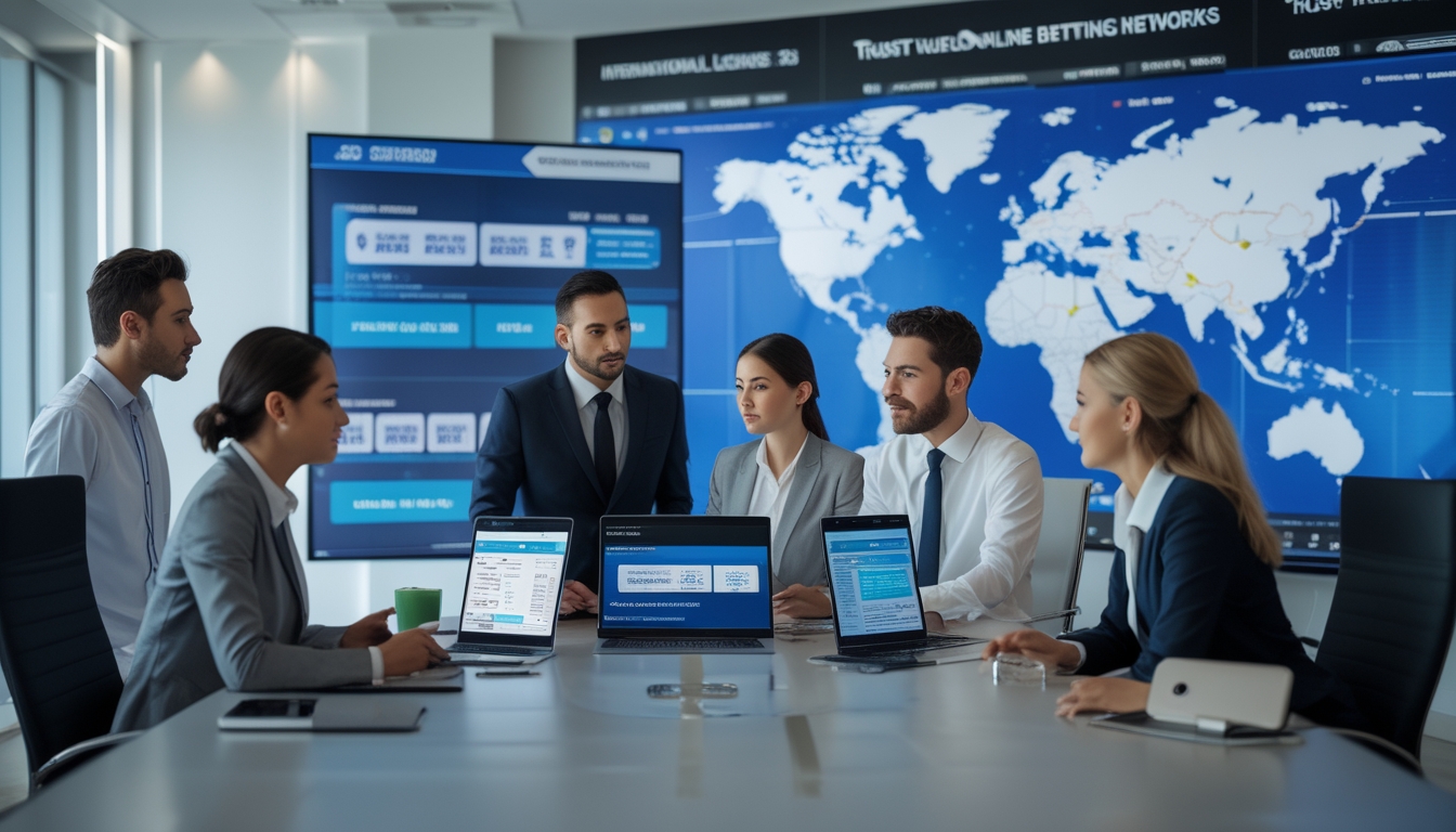 Beberapa profesional sedang berdiskusi di ruang kantor modern dengan perangkat digital dan layar yang menampilkan pertandingan sepak bola dan peta digital.