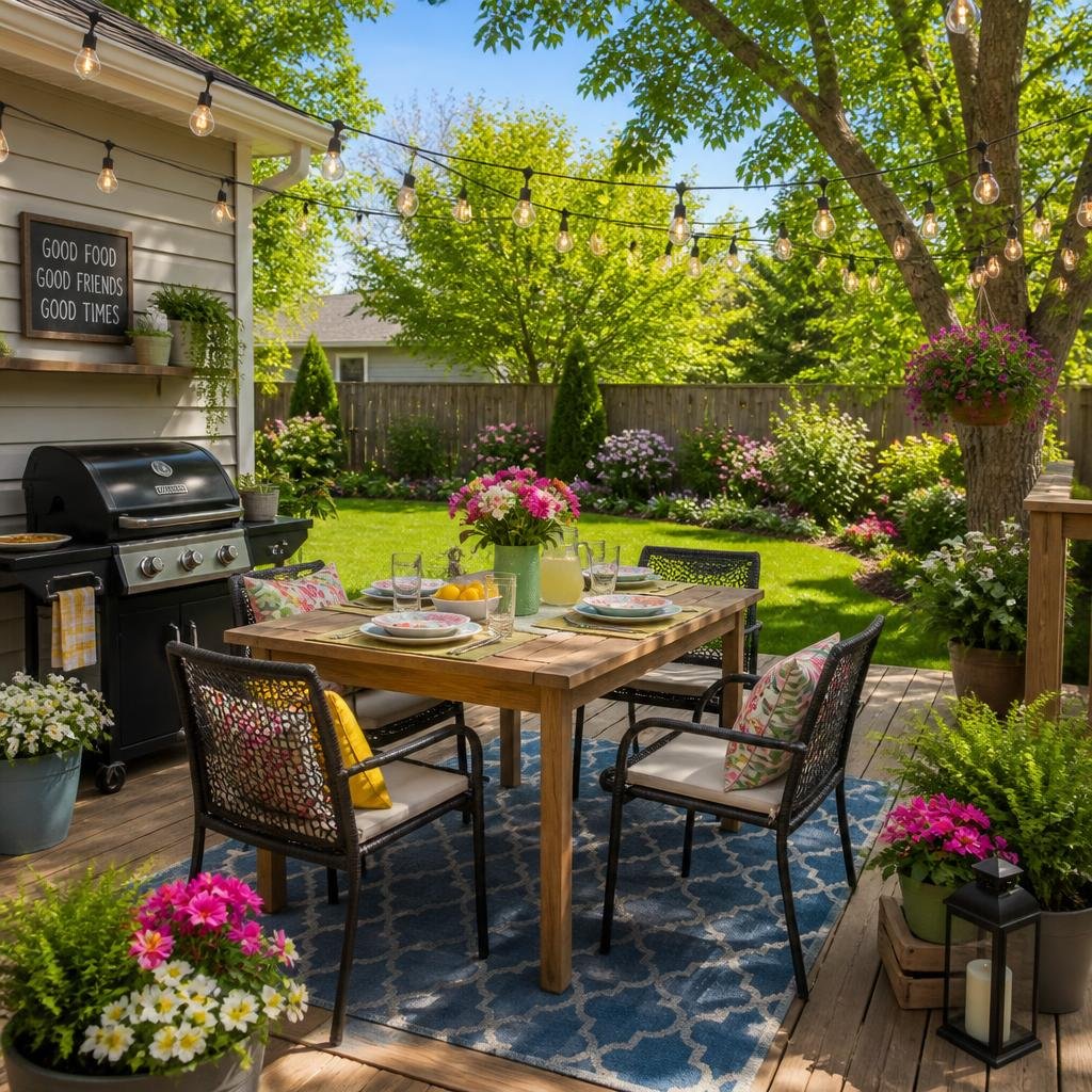 A backyard with a wooden patio deck featuring a dining table with chairs, potted plants, and string lights under trees on a sunny day.