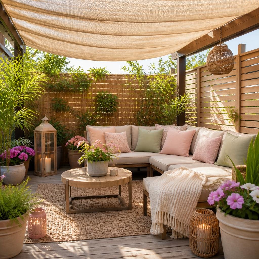 A spring backyard with comfortable outdoor seating, soft cushions, shade from a pergola, and privacy screens surrounded by green plants.