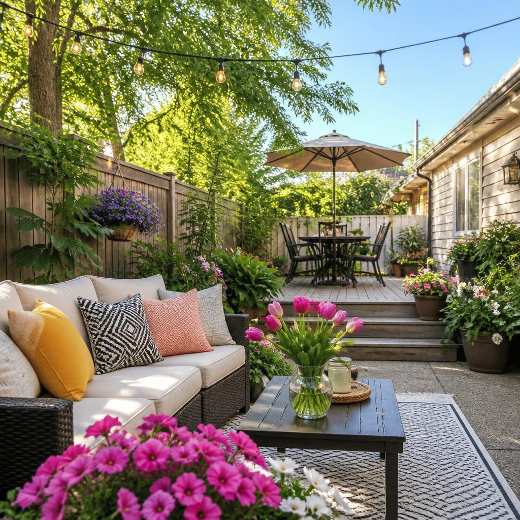 A backyard with comfortable outdoor seating, blooming flowers, green plants, and string lights creating a cozy and inviting space for relaxation and entertaining.