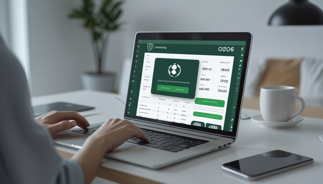 Seseorang menggunakan laptop di meja kerja dengan tampilan situs taruhan bola online yang menampilkan informasi taruhan dan opsi deposit.