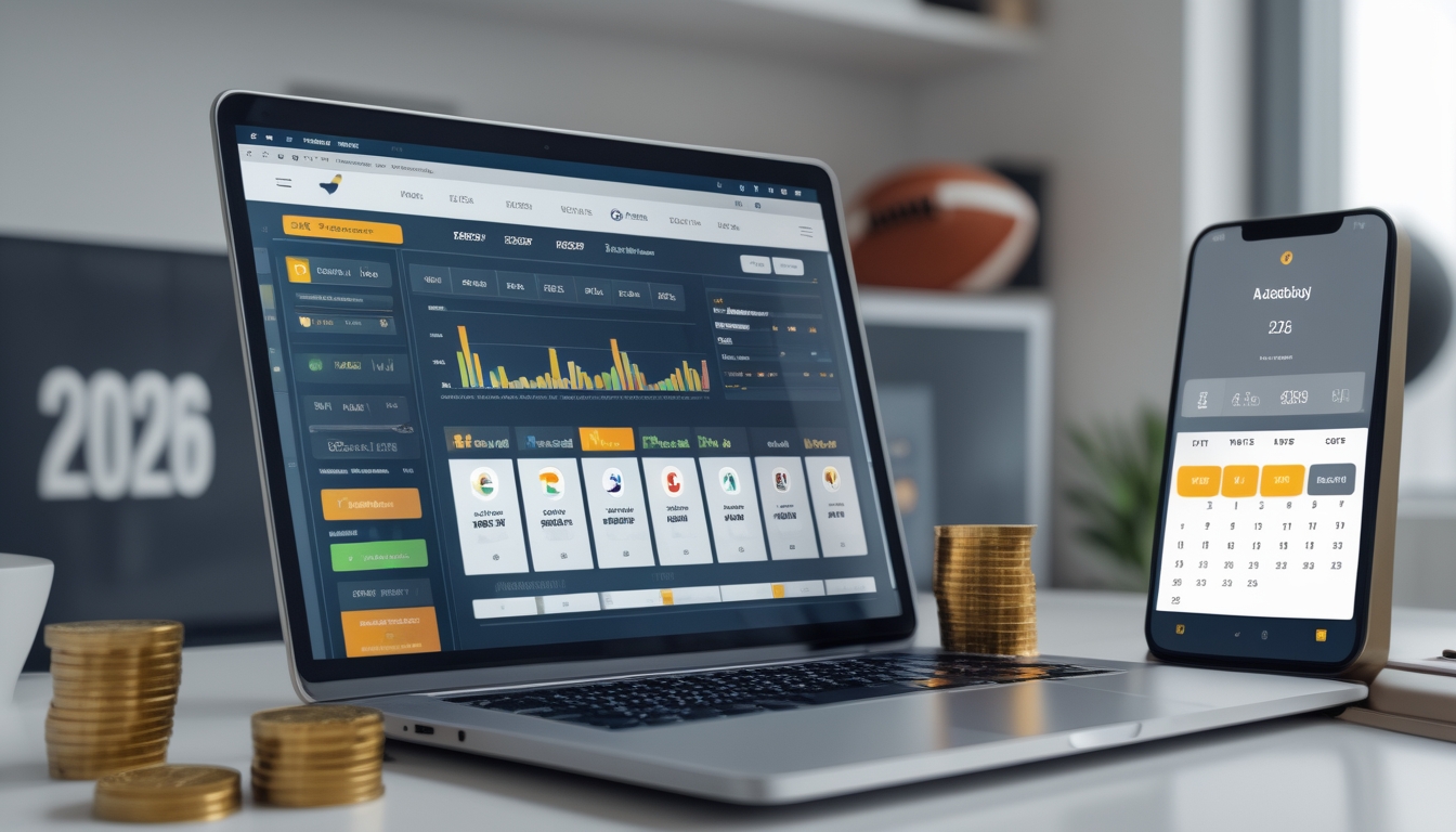Seorang pengguna di depan laptop yang menampilkan situs taruhan bola online dengan elemen yang menunjukkan keandalan dan biaya deposit rendah pada tahun 2026.