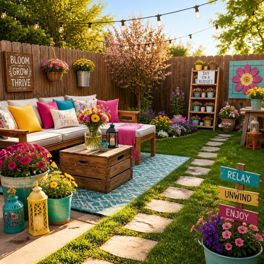A colorful spring backyard with outdoor seating, blooming flowers, string lights, and decorative garden elements.
