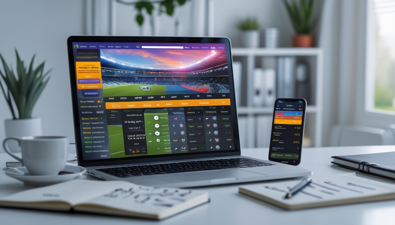 Seseorang duduk di meja kerja dengan laptop dan ponsel yang menampilkan situs taruhan bola online, di sekitar meja terdapat catatan dan tanaman kecil.