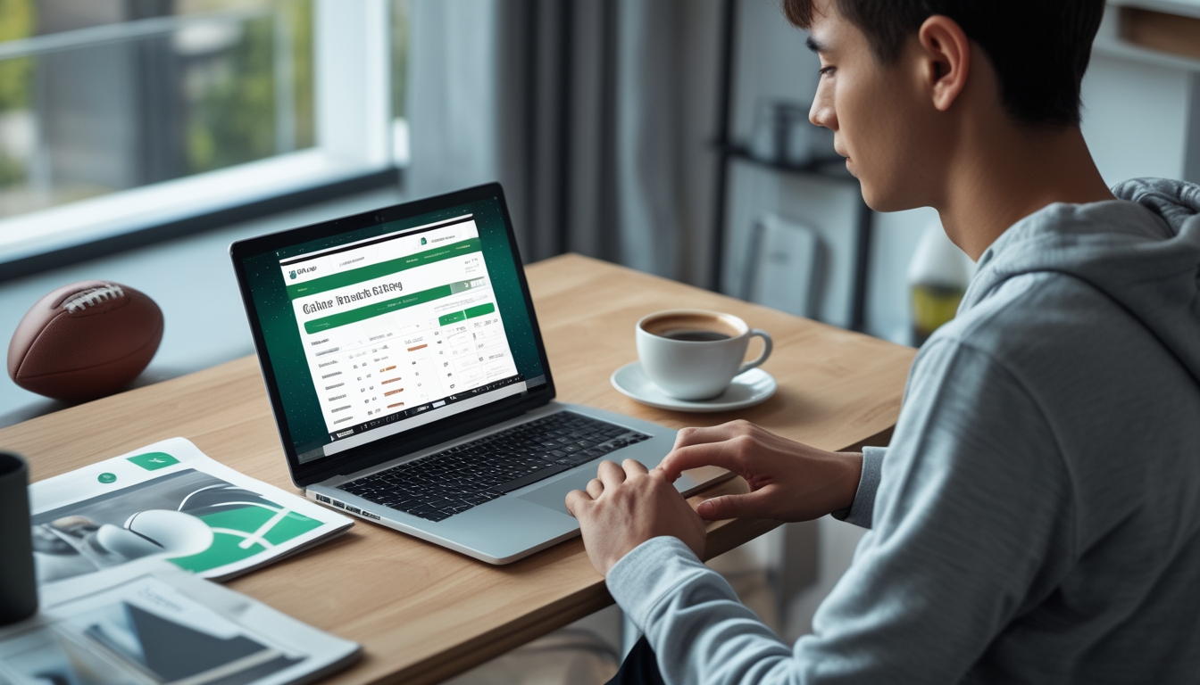 Seseorang duduk di meja dengan laptop terbuka, fokus melihat layar yang menunjukkan situs taruhan bola online, dengan bola sepak dan cangkir kopi di meja.