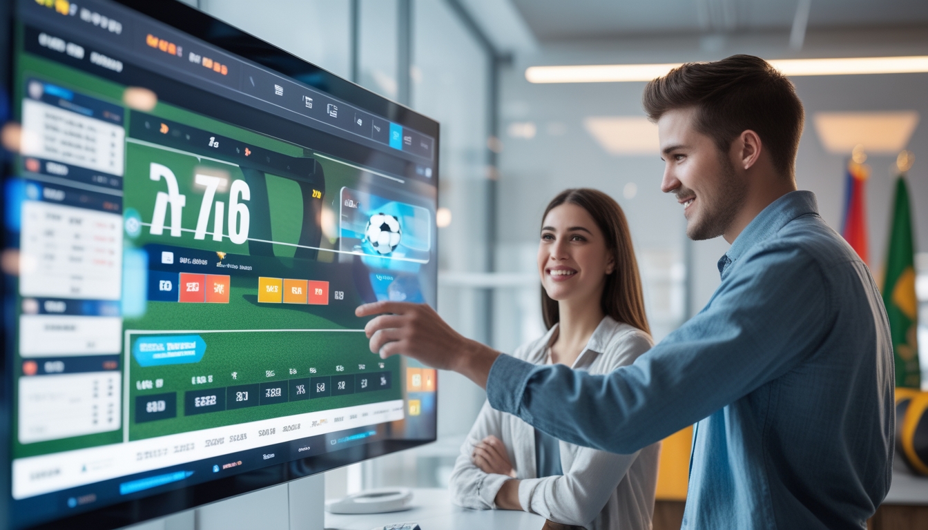 Dua orang muda sedang melihat layar sentuh digital yang menampilkan grafik dan angka taruhan sepak bola di sebuah kantor modern.