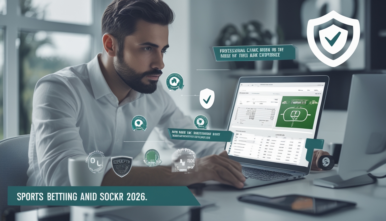 Seorang pria sedang menggunakan laptop di ruang kerja modern dengan tampilan situs judi bola online di layar, dikelilingi simbol keamanan dan kepercayaan.